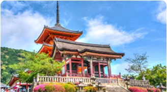Paris temple with red roof and green trees